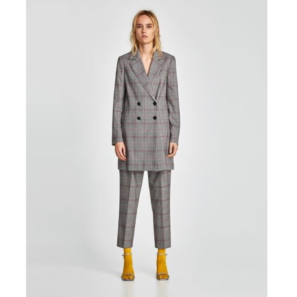NWOT Zara Grey Plaid Checked Double Breast Coat Size M - Picture 1 of 13